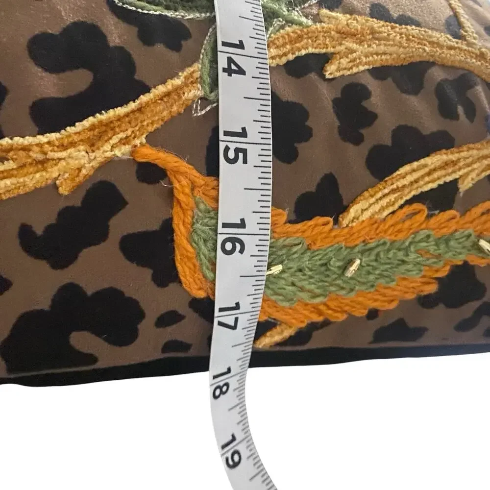 Handmade Decorative Accent Pillow with Embroidered Beaded Accents & Animal Print